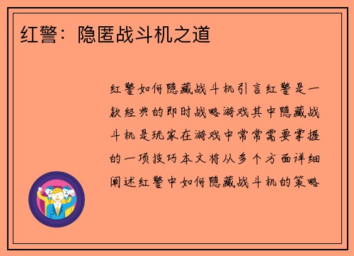 红警：隐匿战斗机之道